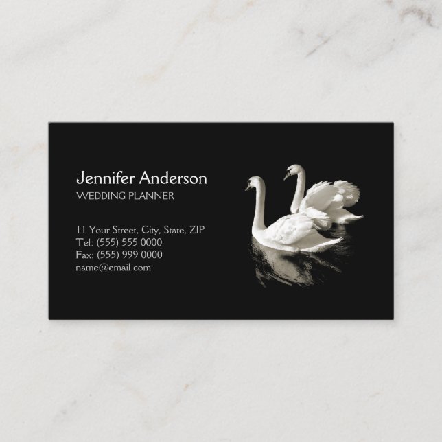 Romantic Swans Black White business card (Front)