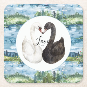 Romantic Swans Blue Lake Water Lilies Square Paper Coaster