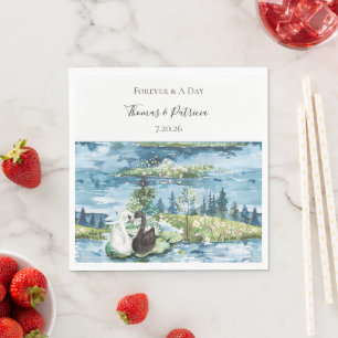 Romantic Swans Blue Lake Water Lilies Wedding Napkin