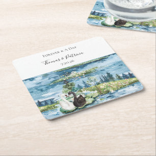 Romantic Swans Blue Lake Water Lilies Wedding Square Paper Coaster