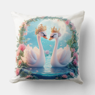 Romantic Swans Decorated in Flowers Cushion