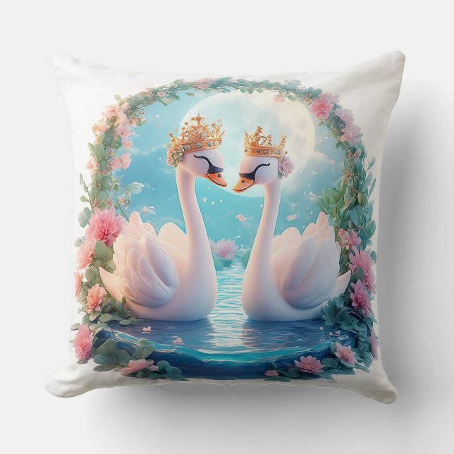 Romantic Swans Decorated in Flowers Cushion (Front)