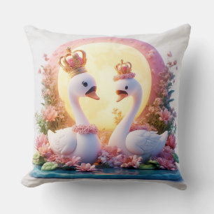 Romantic Swans Decorated in Flowers Cushion