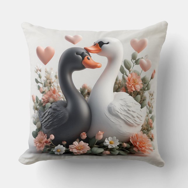 Romantic Swans Decorated in Flowers Cushion (Front)