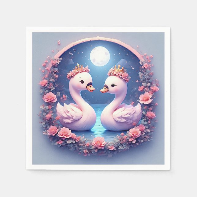 Romantic Swans Decorated in Flowers Napkin (Front)