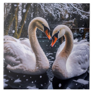 Romantic Swans in a Winter Wonderland Ceramic Tile