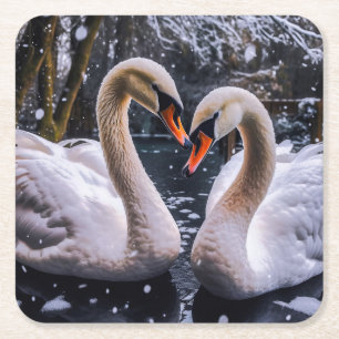 Romantic Swans in a Winter Wonderland Square Paper Coaster