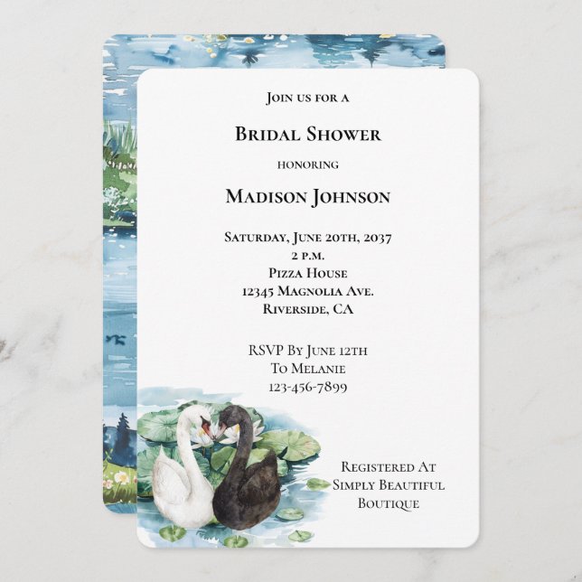 Romantic Swans Lake Water Lilies Bridal Shower Invitation (Front/Back)