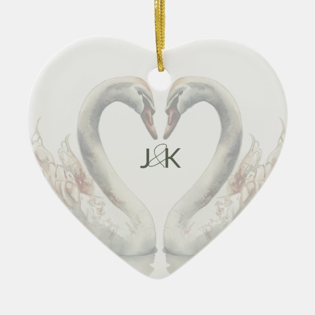 Romantic Swans Wedding Couple Monogram Ceramic Ornament (Front)