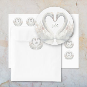 Romantic Swans Wedding Couple Monogram Classic Round Sticker