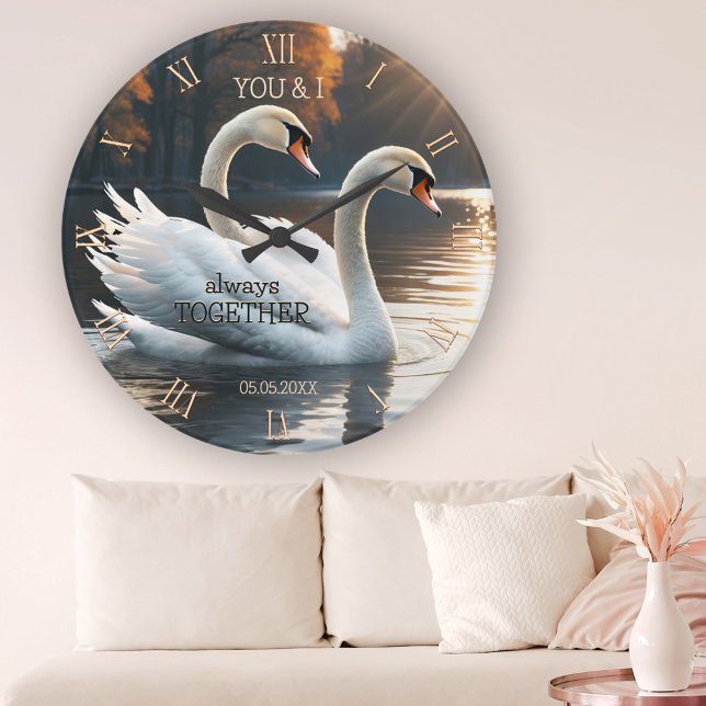 Romantic Swans Wedding Round Clock (Wedding wall clock featuring a painting of two swans with optional classic Roman clock numbers)
