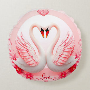 Romantic Swans with Floral Accents Round Cushion