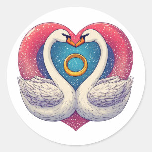Romantic Swans with Heart Shape, Wedding Ring Classic Round Sticker