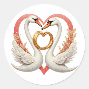 Romantic Swans with Heart Shape, Wedding Rings Classic Round Sticker
