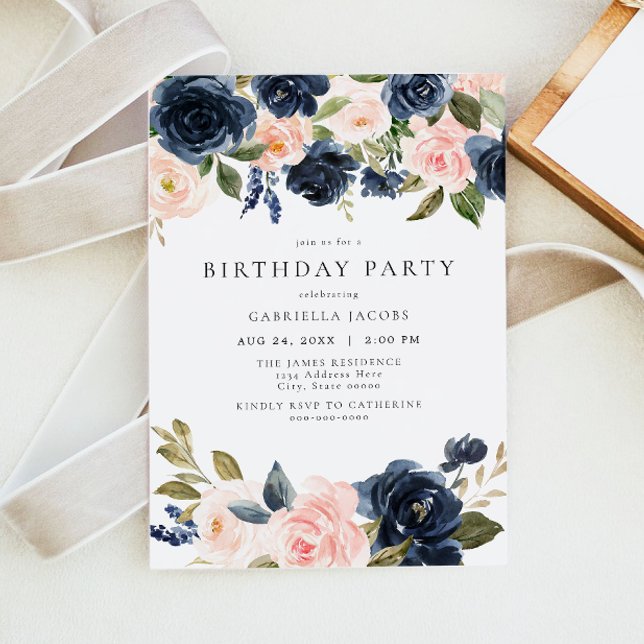 Romantic & Sweet Navy Blush Floral Birthday Party Invitation (Creator Uploaded)
