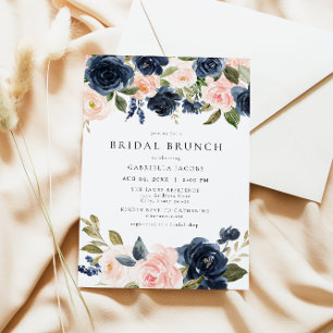 Romantic & Sweet Navy Blush Floral Bridal Brunch Invitation
