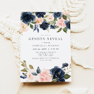 Romantic & Sweet Navy Blush Floral Gender Reveal Invitation