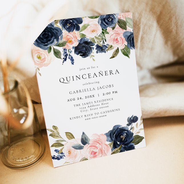 Romantic & Sweet Navy Blush Floral Quinceañera Invitation (Creator Uploaded)