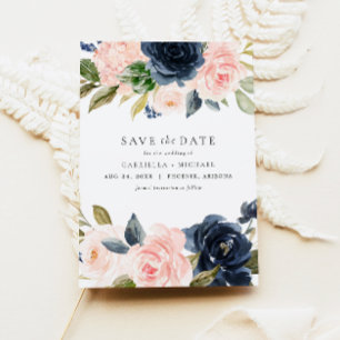 Romantic & Sweet Navy Blush Floral Save the Date Invitation