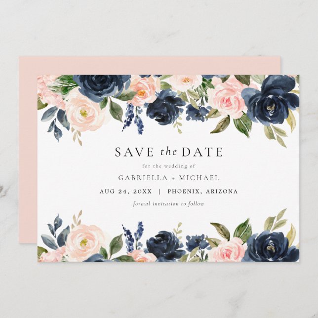 Romantic & Sweet Navy Blush Floral Save the Date Invitation (Front/Back)
