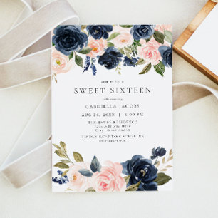Romantic & Sweet Navy Blush Floral Sweet 16 Invitation