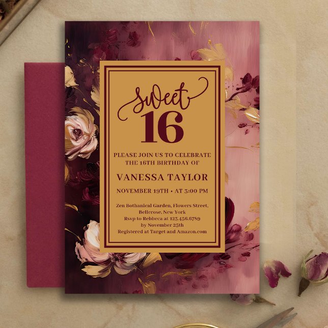 Romantic Sweet Sixteen Burgundy Blush Gold Invite (Romantic Sweet Sixteen Burgundy Blush Gold Invite)