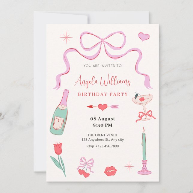 Romantic sweet valentine pastel colour birthday invitation (Front)