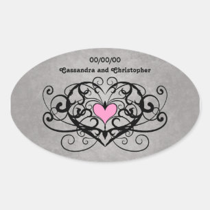 Romantic swirls and hearts wedding oval sticker