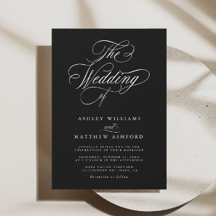 Romantic Swirly Calligraphy Black & White Wedding  Invitation