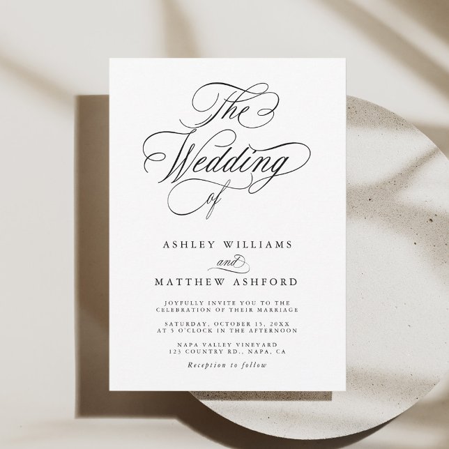 Romantic Swirly Calligraphy Black & White Wedding  Invitation (Creator Uploaded)