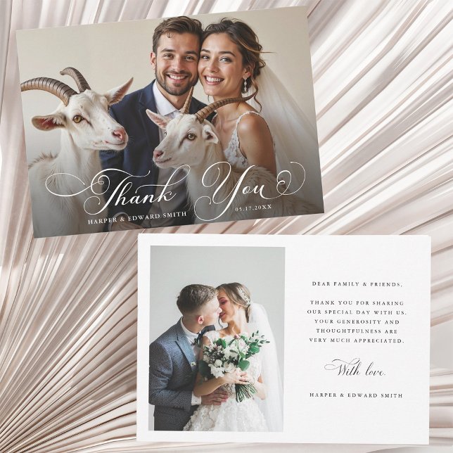 Romantic Swirly Calligraphy Wedding 2 Photo Thank You Card (Front & Back)