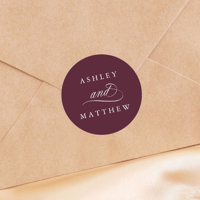 Romantic Swirly Calligraphy Wedding Burgundy Classic Round Sticker (Creator Uploaded)