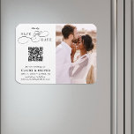 Romantic Swirly Script QR Code Save the Date Photo Magnet<br><div class="desc">This romantic script save the date announcement magnet is perfect for a simple wedding. The minimalist black and white design features elegant and romantic swirly calligraphy lettering with a QR code and a photo.
For more advanced customisation of this design,  please click the BLUE DESIGN TOOL BUTTON above!</div>