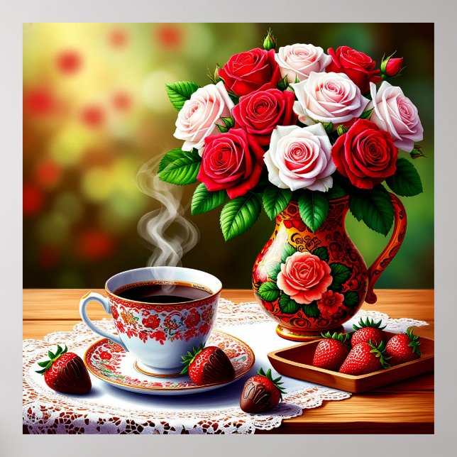 Romantic Table Setting with Roses, Coffee Poster (Front)