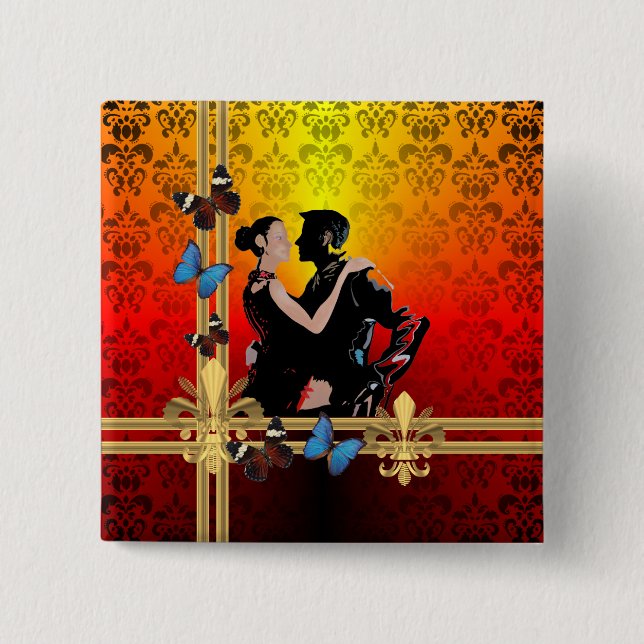 Romantic tango dancers on damask 15 cm square badge (Front)