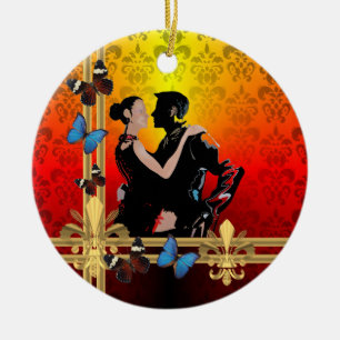 Romantic tango dancers on damask ceramic tree decoration