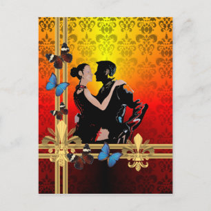 Romantic tango dancers on damask postcard