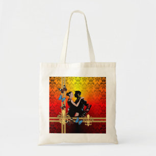 Romantic tango dancers on damask tote bag