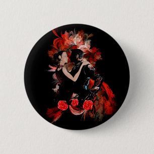 Romantic tango dancers on red fractal 6 cm round badge