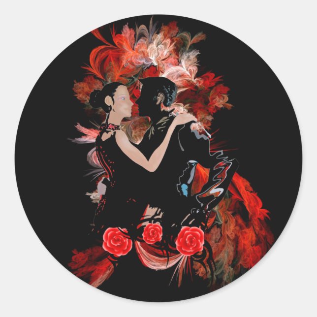 Romantic tango dancers on red fractal classic round sticker (Front)