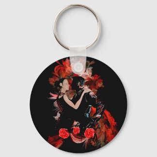 Romantic tango dancers on red fractal key ring