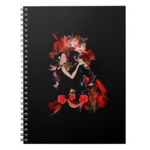 Romantic tango dancers on red fractal notebook
