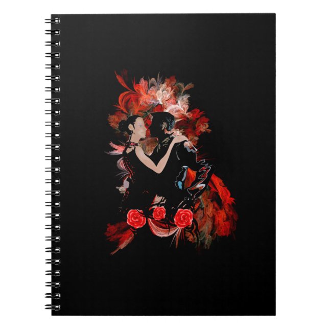 Romantic tango dancers on red fractal notebook (Front)