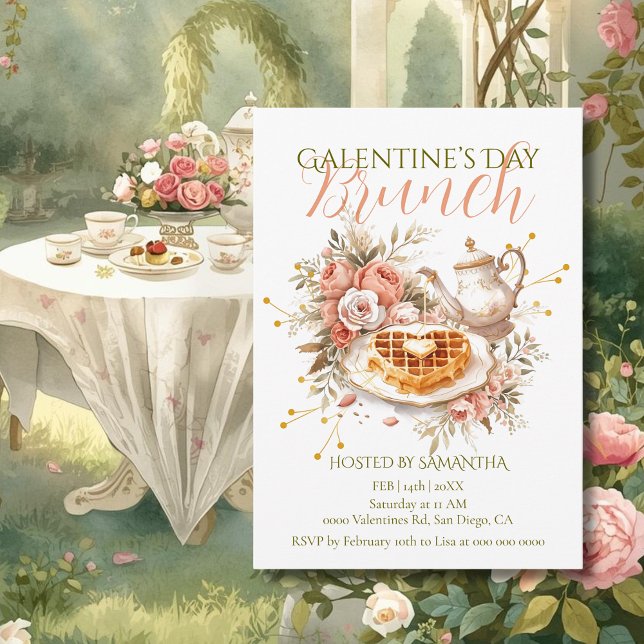 Romantic Tea Waffle Galentine Brunch Floral Charm Invitation (Creator Uploaded)
