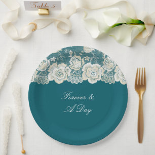 Romantic Teal Blue White Lace Floral Wedding Paper Plate