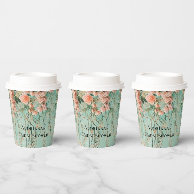 Romantic Teal Blush Flowers Wedding Bridal Shower Paper Cups (Multi)