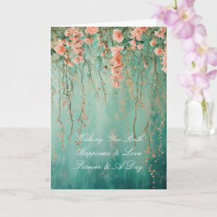 Romantic Teal Blush Flowers Wedding Card