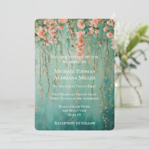 Romantic Teal Blush Flowers Wedding  Invitation