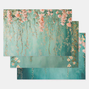 Romantic Teal Blush Flowers Wedding Wrapping Paper Sheet