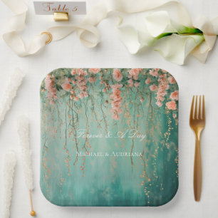 Romantic Teal Blush Peach Flowers Wedding Paper Plate
